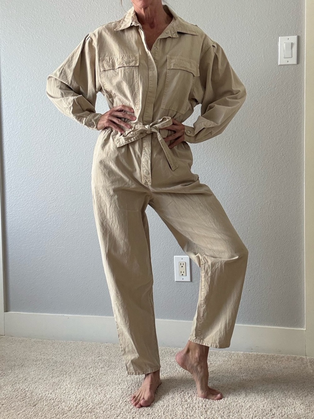 Good American Cream Utility Jumpsuit with Tie Waist sz 2 (fits larger 4/6)